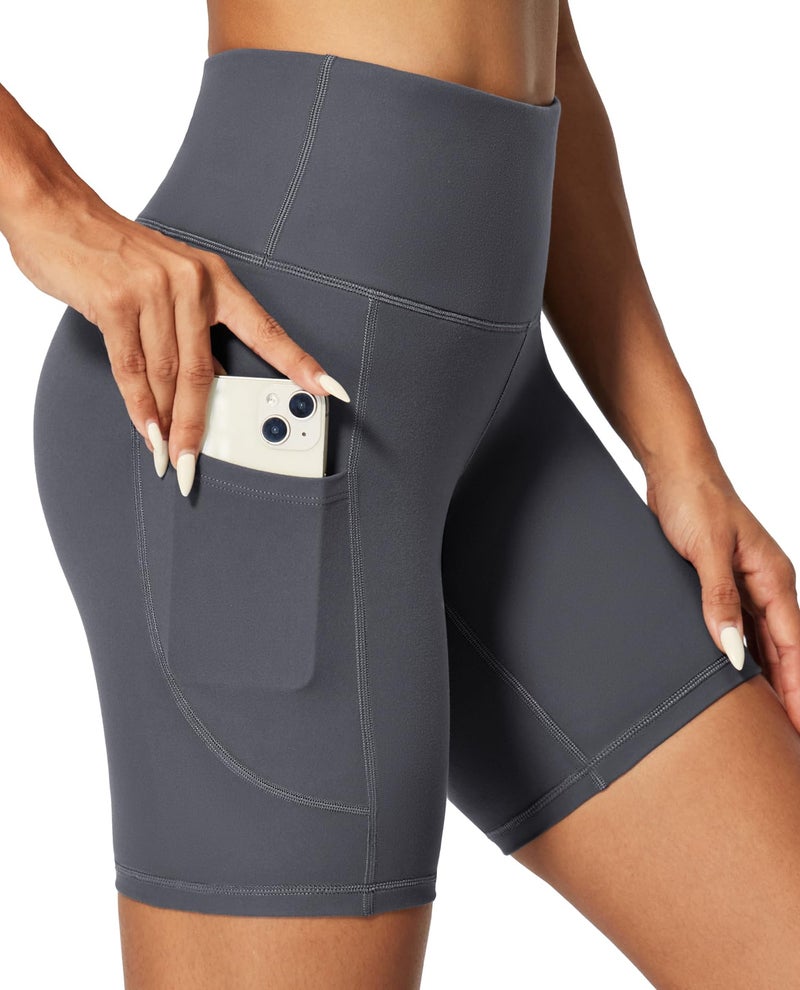 IUGA Biker Shorts Women 6" Tummy Control Workout Shorts Women with Pockets High Waisted Yoga Running Gym Spandex Compression Gray - Image 1